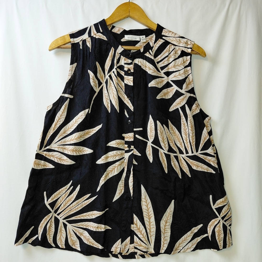 Masai Copenhagen Leaf Print Sleeveless Blouse Women's Size‎ Medium Black Cream
